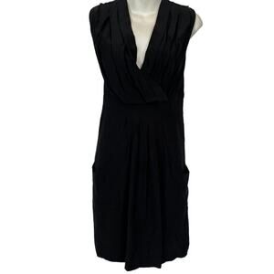 Kenneth Cole New York Womens Black Pleated V-Neck Silk Dress Pockets Mini sz 0